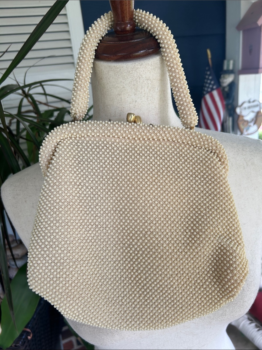 Vinegar Cream Beaded Top-Handle Bag